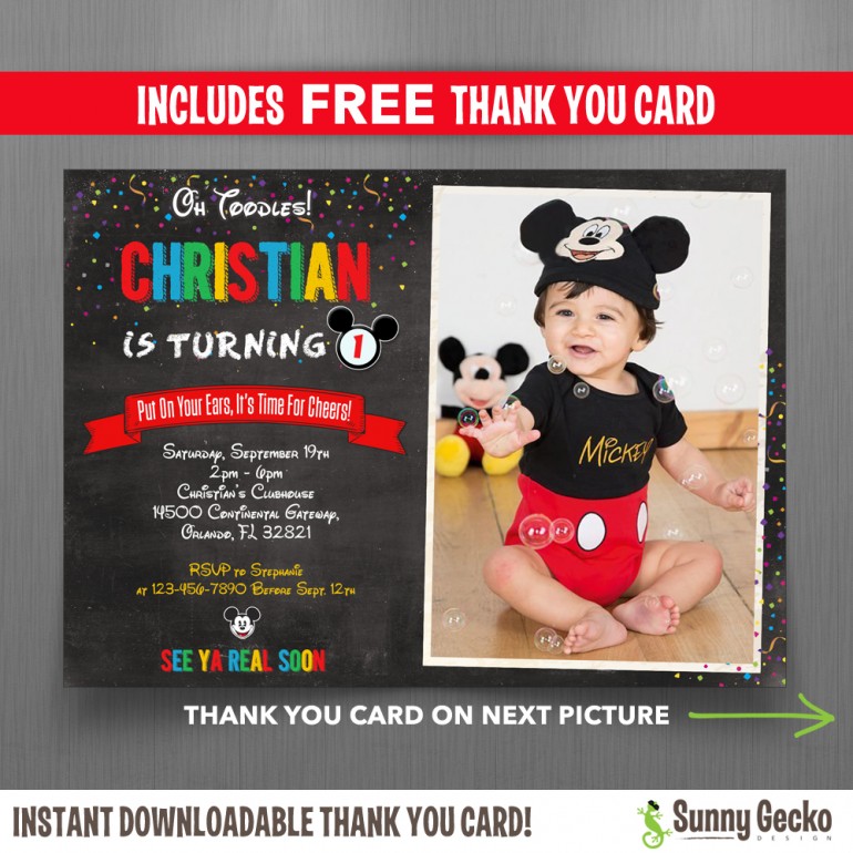 Mickey Mouse Chalkboard Style 7x5 in. Birthday Party Invitation with FREE editable Thank you Card